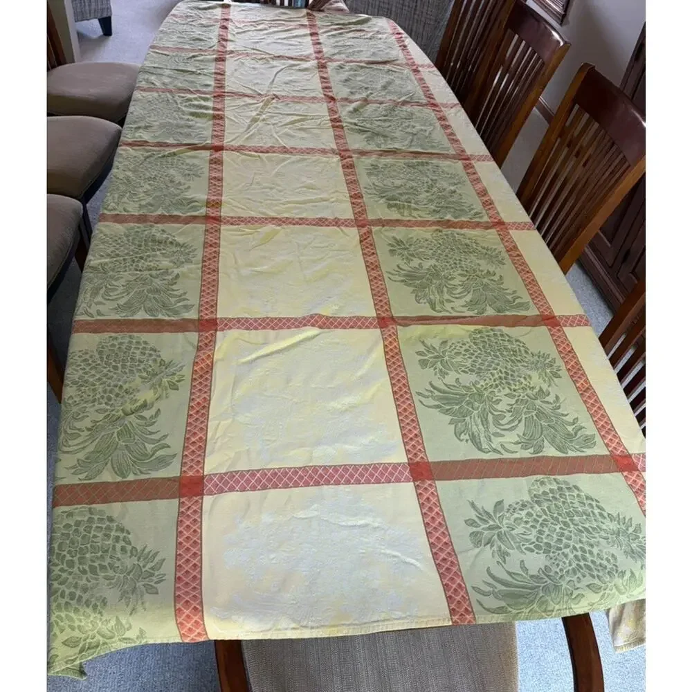 Tommy Bahama Tablecloth Pineapple Damask Cotton Tropical Yellow Green 108x54